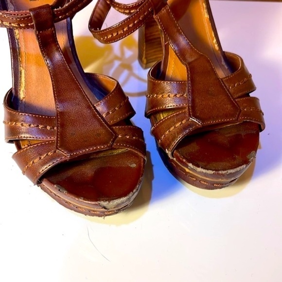 Kenneth COLE REACTION Leather & Wood Platform Block Heel Sandals Brown Size 9 - Picture 2 of 8